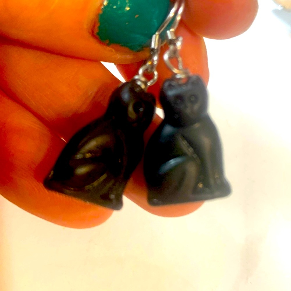 Czech glass black cat earrings stainless steel